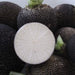 Whole black radishes with textured dark skin, one sliced revealing crisp white flesh. Fresh, healthy winter root vegetable.