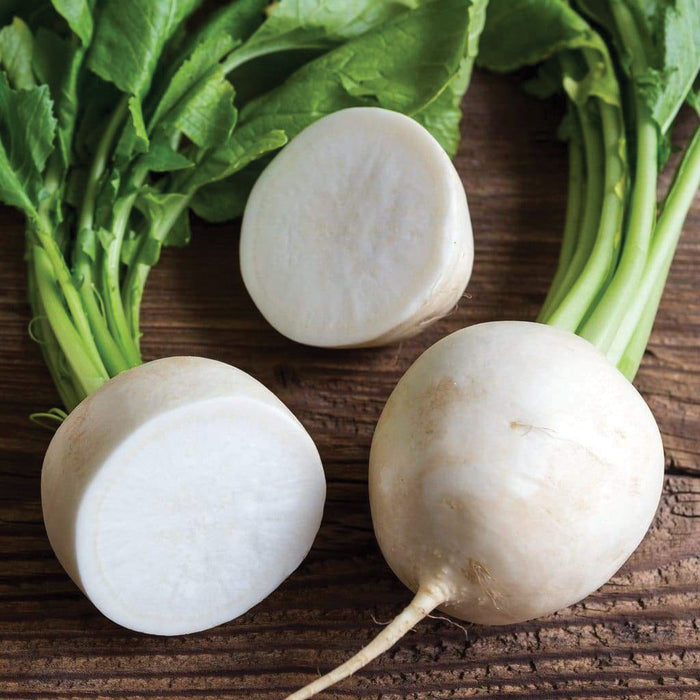 Fresh white radishes, whole and cut, with vibrant green tops on a rustic wooden surface. Healthy root vegetables.