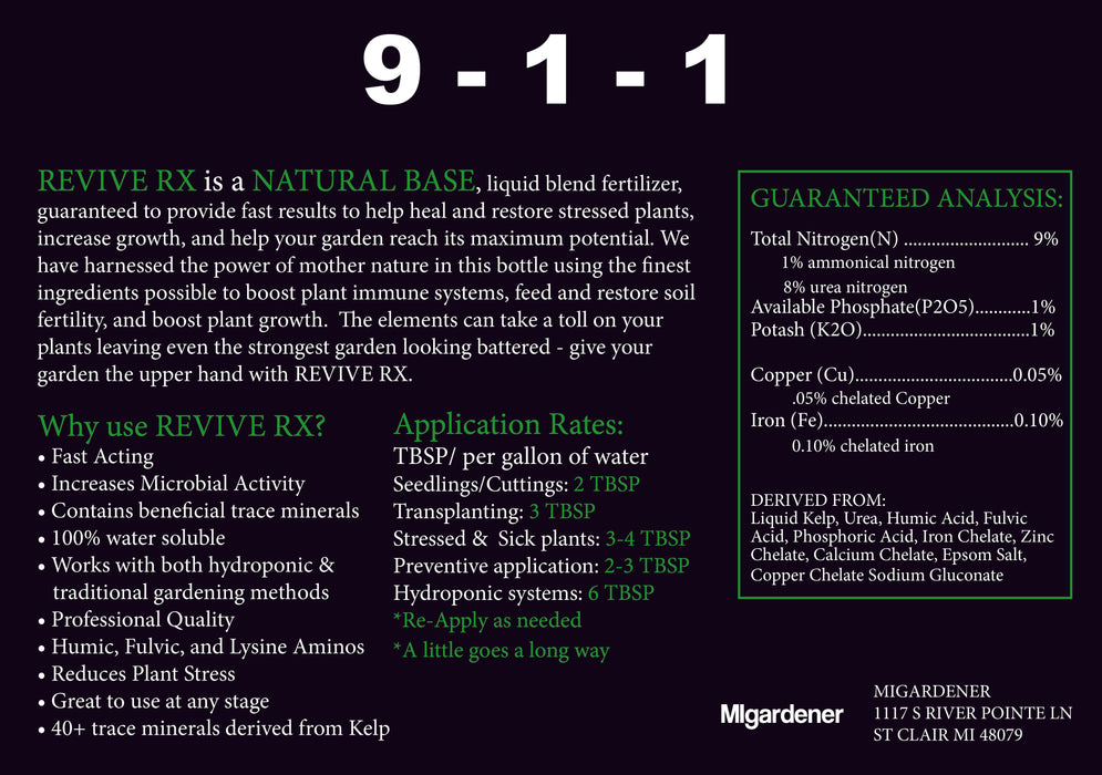 Revive RX 9-1-1 natural liquid plant fertilizer for stressed plants. Boosts growth, soil health, and hydroponics. Kelp-based.
