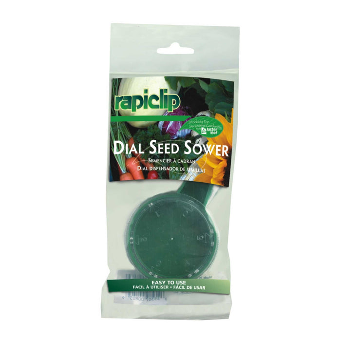 Green Rapiclip Dial Seed Sower in package. Precision gardening tool for easy planting of vegetable and flower seeds.