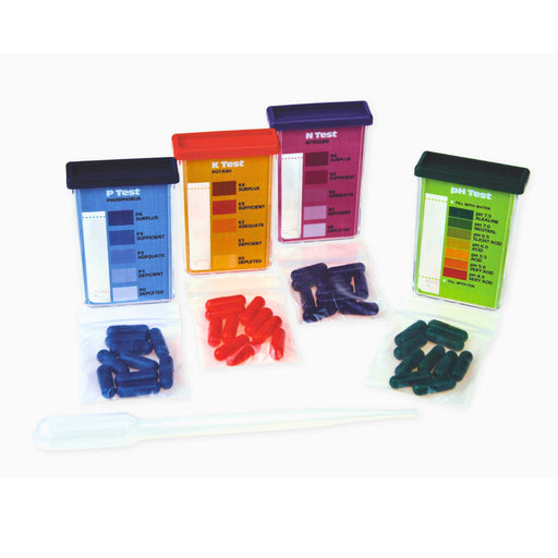 Soil pH, Nitrogen, Phosphorus, Potash test kit with color charts, reagent capsules, and dropper for garden nutrients.