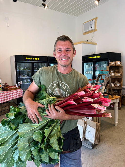 Smiling farmer holds fresh red rhubarb and leafy greens at a farm market. Local produce, farm-to-table.