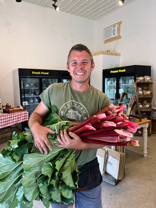 Smiling farmer holds fresh red rhubarb and leafy greens at a farm market. Local produce, farm-to-table.
