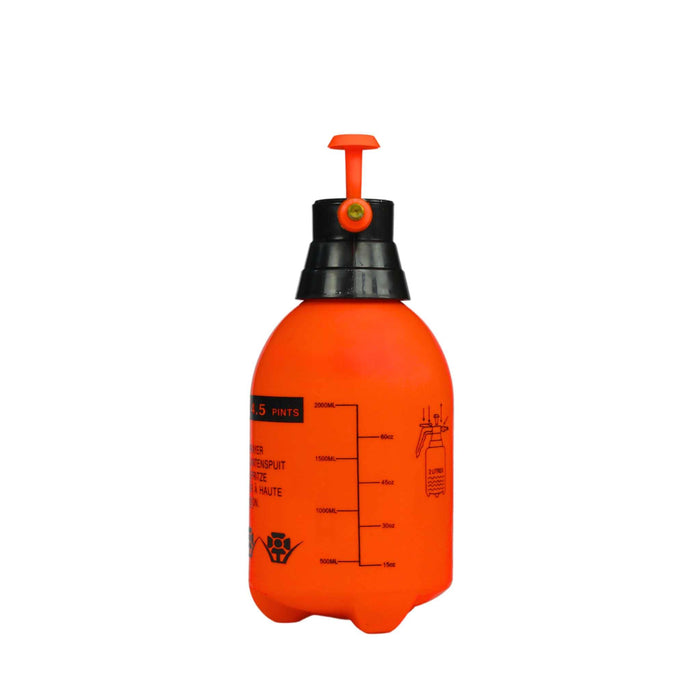 Orange 2-liter (2000ml) pump pressure sprayer bottle with measurement markings, ideal for garden, plant, and cleaning.