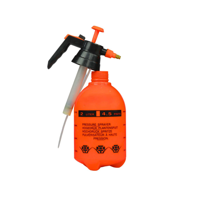 Orange 2L pressure sprayer with black pump handle, ideal for gardening, plants, and cleaning.