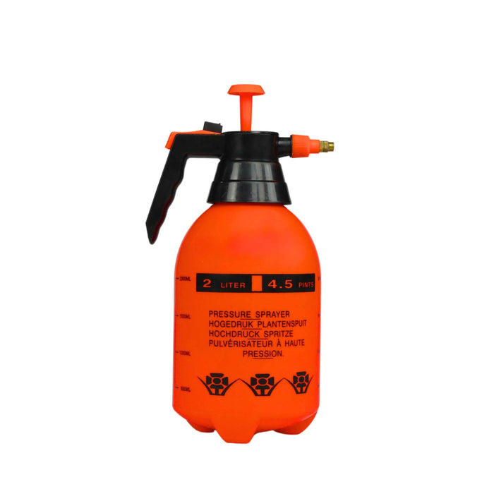 Orange 2-liter pressure garden sprayer with black handle and brass nozzle. Ideal for plants, weeds, and pesticides.