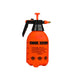 Orange 2-liter pressure garden sprayer with black handle and brass nozzle. Ideal for plants, weeds, and pesticides.