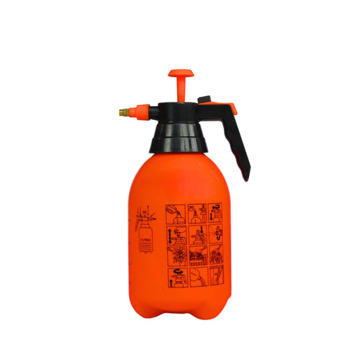 Orange 2-liter garden pressure sprayer with pump, black handle, and brass nozzle. For plants, pest control, cleaning.