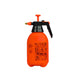 Orange 2-liter garden pressure sprayer with pump, black handle, and brass nozzle. For plants, pest control, cleaning.