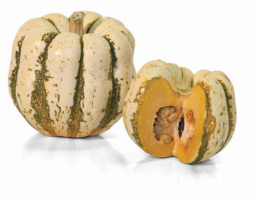 Cream and green striped sweet dumpling squash, one whole, one halved showing orange flesh and seeds.