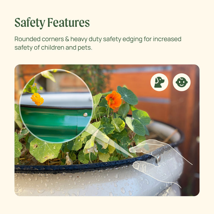 Heavy-duty planter with safety edging, rounded corners, and child/pet safe design. Features flowering nasturtiums.