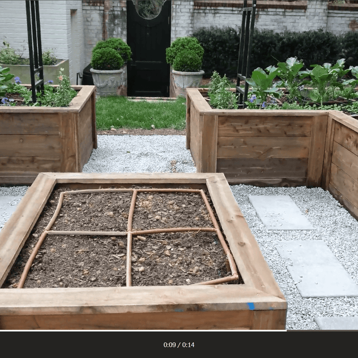 Rustic backyard garden with multiple wooden raised beds, drip irrigation, gravel paths, and growing vegetables.