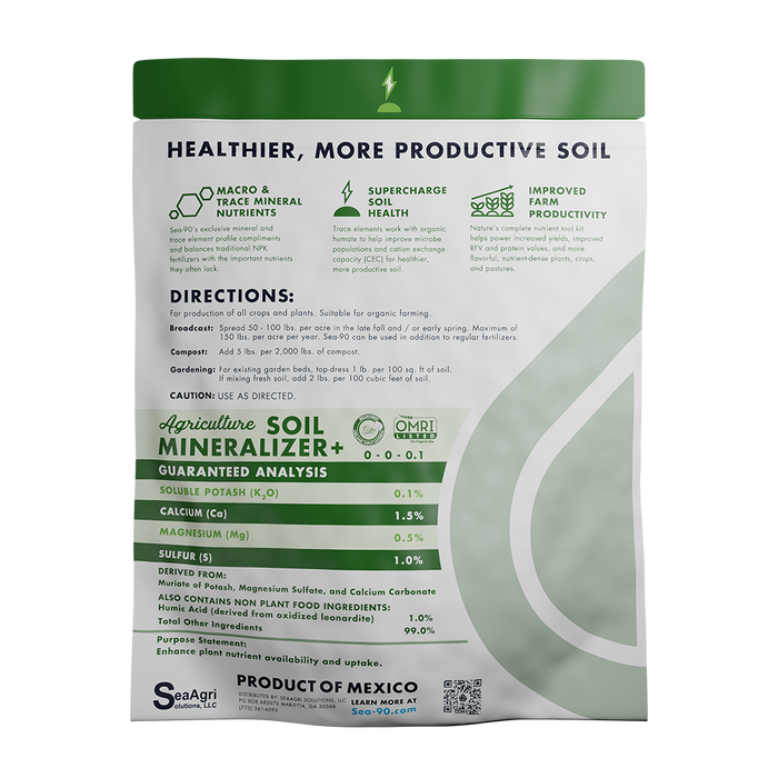 SeaAgri Agriculture SOIL MINERALIZER+ label. OMRI Listed organic soil amendment with macro & trace minerals for plant health.