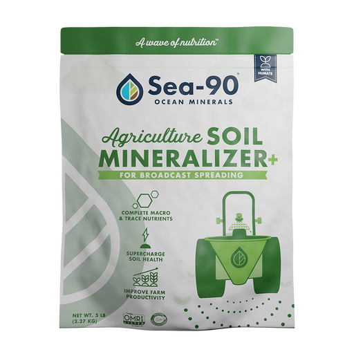 Sea-90 Agriculture Soil Mineralizer+ 5LB bag with humate, ocean minerals for soil health, farm productivity, broadcast spreading.