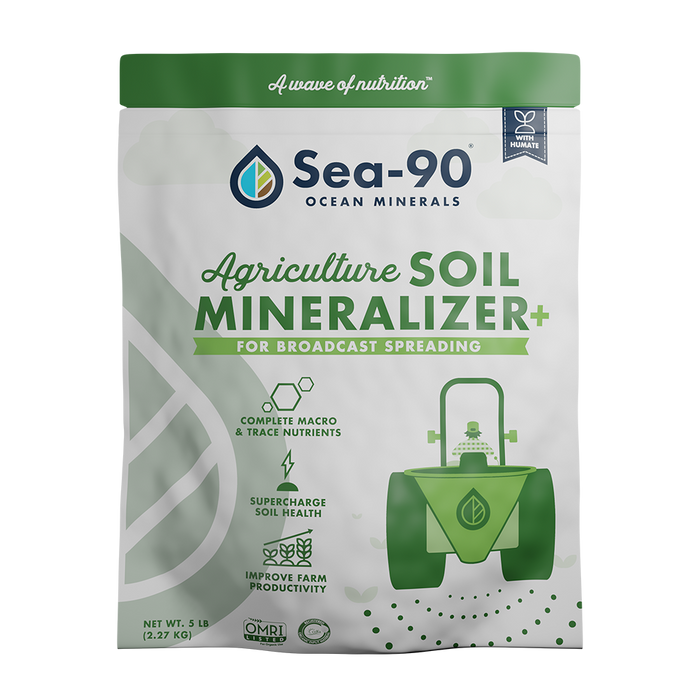 Sea-90 Agriculture Soil Mineralizer+ 5LB bag with humate, ocean minerals for soil health, farm productivity, broadcast spreading.