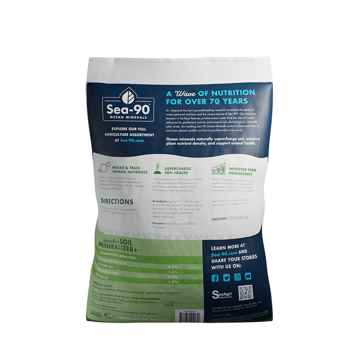 Sea-90 Ocean Minerals Soil Mineralizer+ package. Guaranteed analysis for plant nutrients, soil health, and farm productivity.
