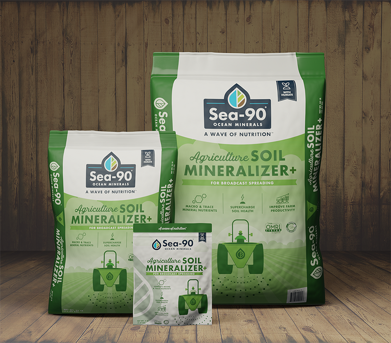 Sea-90 Agriculture Soil Mineralizer+ bags, OMRI Listed organic fertilizer for farm productivity and soil health.