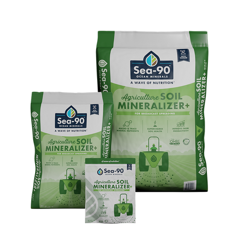 Sea-90 Agriculture Soil Mineralizer+ bags (various sizes) for broadcast spreading. Boosts soil health & farm productivity.