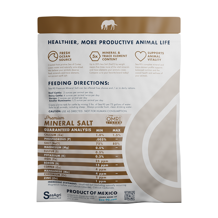 Sea-90 Premium Mineral Salt for livestock. OMRI Listed, fresh ocean source, trace elements, feeding guide, analysis.