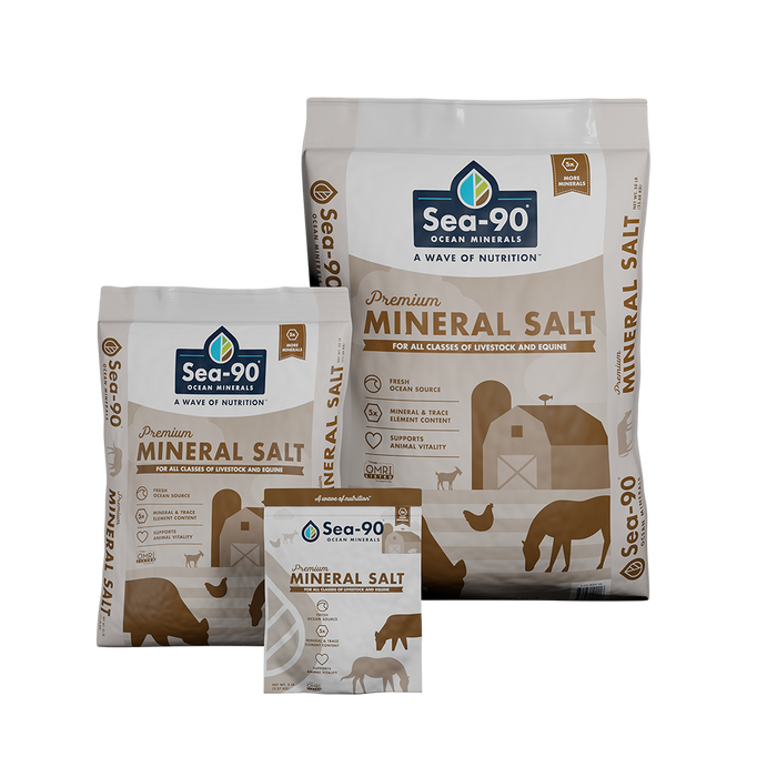 Sea-90 Premium Mineral Salt bags for livestock & equine. Ocean minerals, trace elements, supports animal vitality.