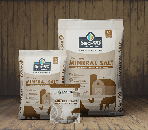 Sea-90 Premium Mineral Salt bags for livestock & equine. Ocean minerals, trace elements support animal vitality.