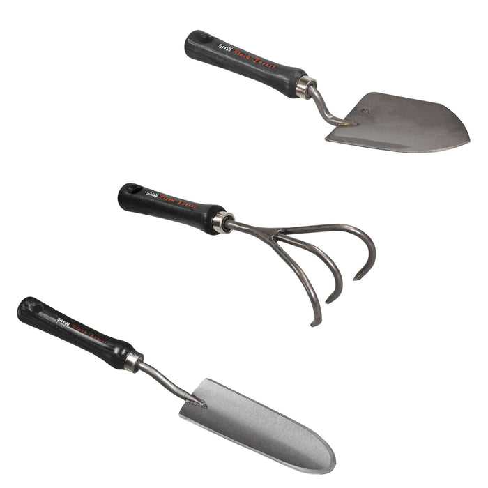 SHW Black Forest gardening hand tools: pointed trowel, 3-prong cultivator, and narrow transplanter.