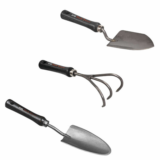 SHW Black Forest garden hand tools: Trowel, pointed transplanting trowel, and 3-tine hand rake. Digging, planting, weeding.