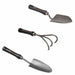 SHW Black Forest garden hand tools: Trowel, pointed transplanting trowel, and 3-tine hand rake. Digging, planting, weeding.