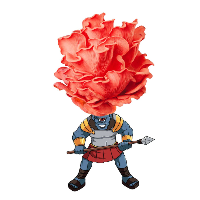 Vibrant pink oyster mushroom head on a cyclops warrior holding a spear. Pleurotus djamor fantasy art.