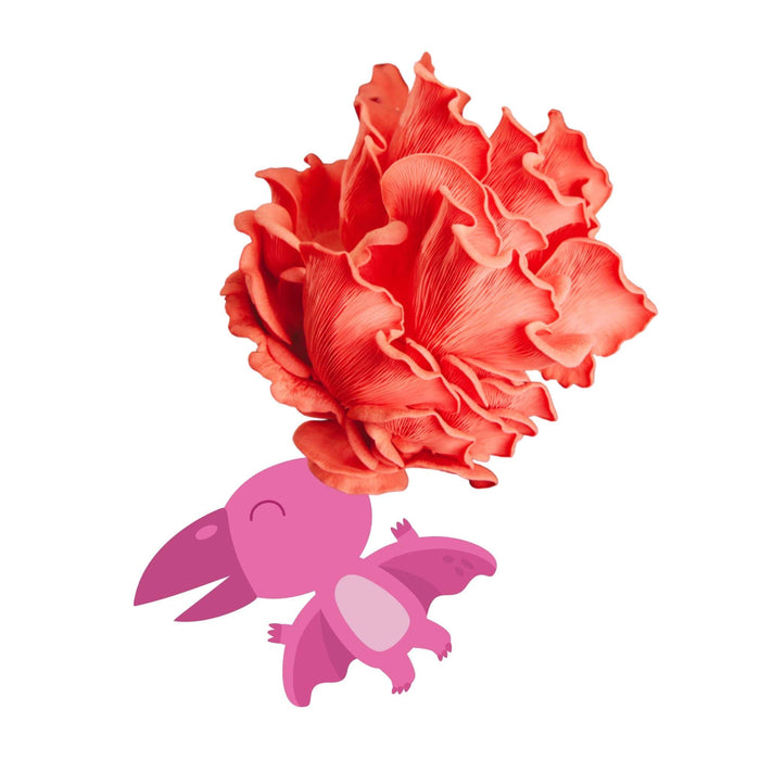 Cute pink pterodactyl flying under vibrant red oyster mushrooms.