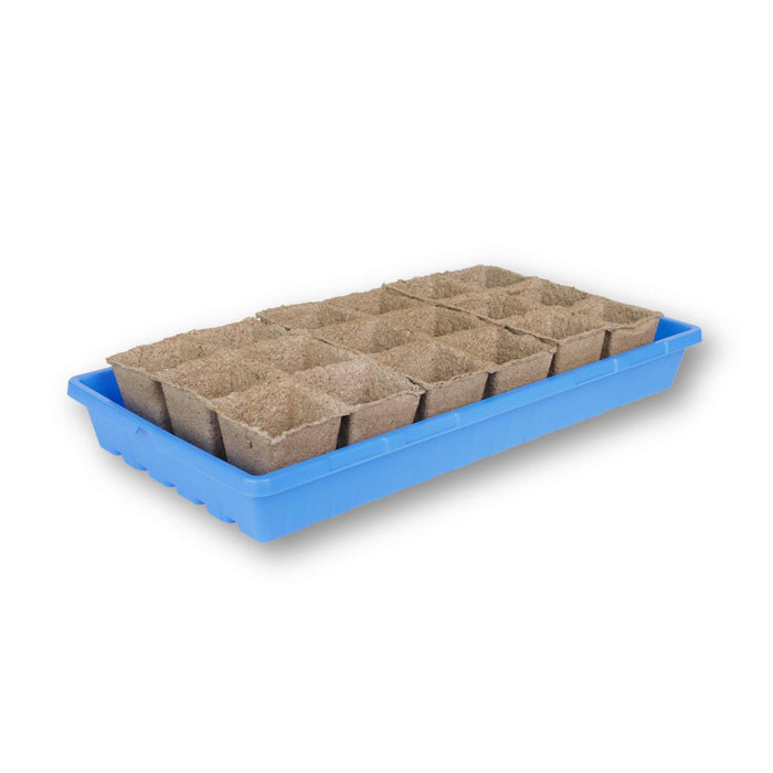 Blue reusable seed starter tray holding 18 empty brown biodegradable peat pots, ideal for seedlings.