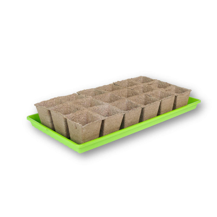 Green seed starting tray with 24 biodegradable peat pots for growing seeds and seedlings.