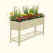 Beige corrugated metal raised garden bed with vibrant colorful flowers and a lower wire storage shelf.