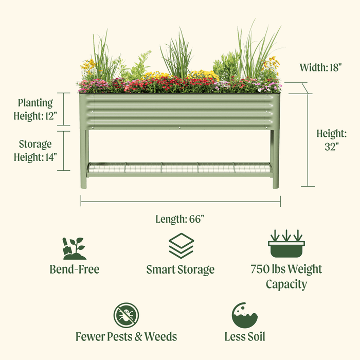 Sage green corrugated metal raised garden bed, 66"L x 18"W x 32"H, with colorful flowers & storage shelf. Ergonomic, 750lb capacity.