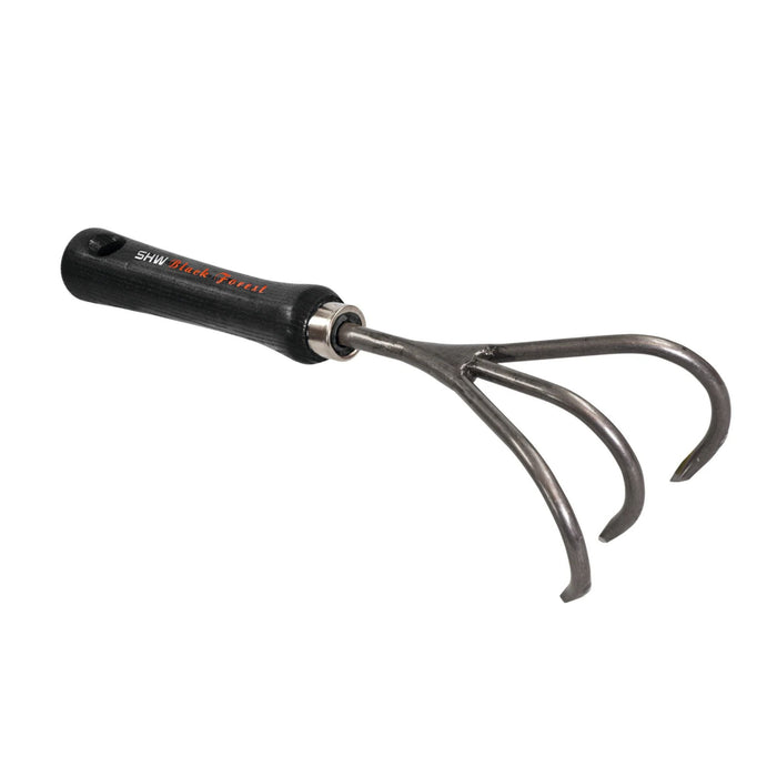 SHW Black Forest 3-tine hand cultivator with black wooden handle for weeding, loosening soil, and gardening.