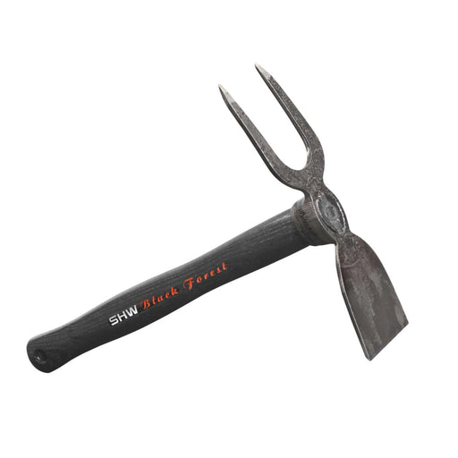SHW Black Forest double-sided garden hand tool: grub hoe blade for weeding, two-tine fork for cultivating.