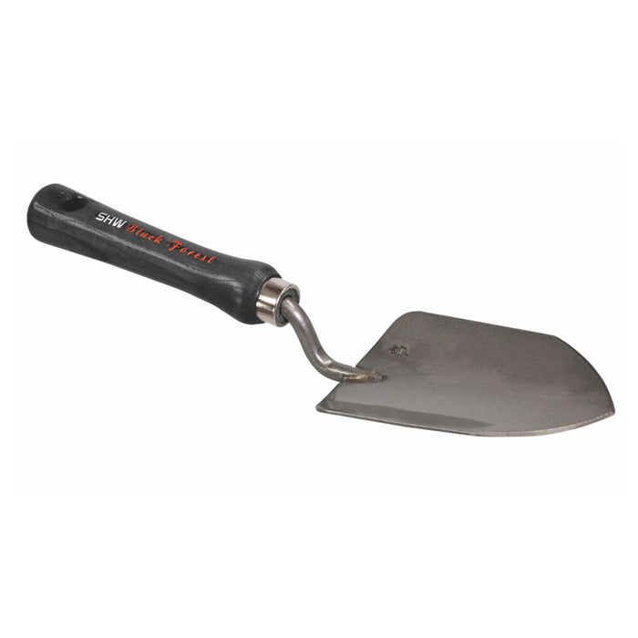 SHW Black Forest gardening trowel with durable metal blade and ergonomic black wooden handle for digging and planting.