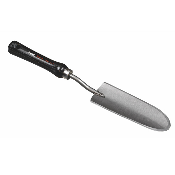 SHW Black Forest gardening trowel with black wooden handle and sturdy metal blade for planting and digging.