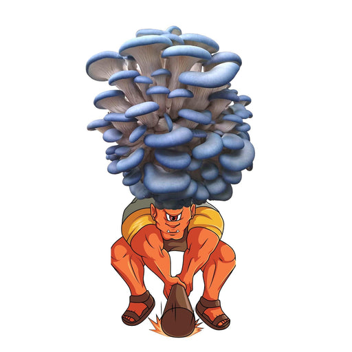 Strong cartoon cyclops with blue oyster mushrooms on head, squatting and striking ground with a brown club.
