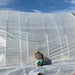 Farmer kneeling, securing white plastic film onto a large high tunnel greenhouse under a bright blue sky.