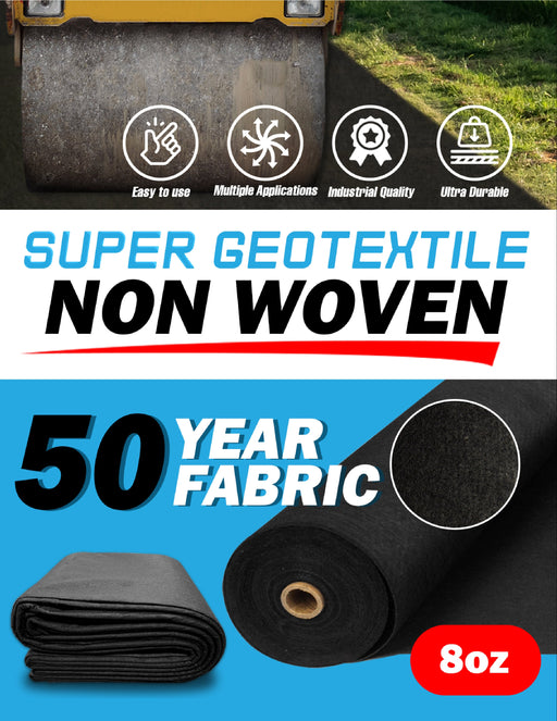 8oz black non-woven geotextile fabric, 50-year durable. For landscaping, drainage, ground stabilization, and heavy-duty use.
