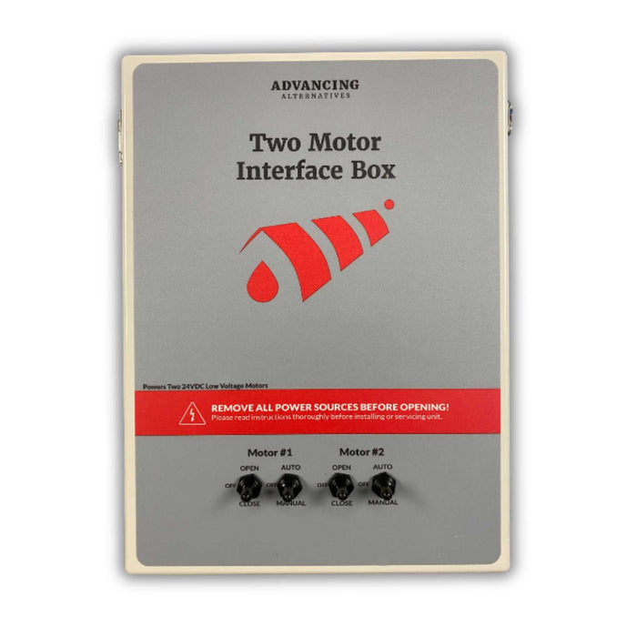 Advancing Alternatives Two Motor Interface Box, 24VDC low voltage motor control unit with Open/Auto/Off/Close/Manual switches.