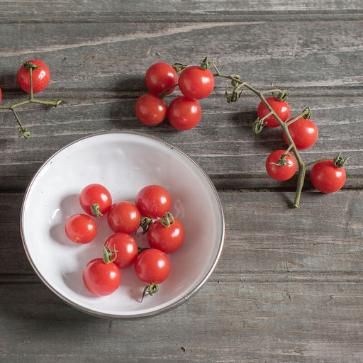 Fresh red cherry tomatoes: some on the vine, some in a white bowl, on weathered wood.