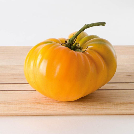 Fresh, ripe yellow beefsteak heirloom tomato with green stem on a light wooden board.