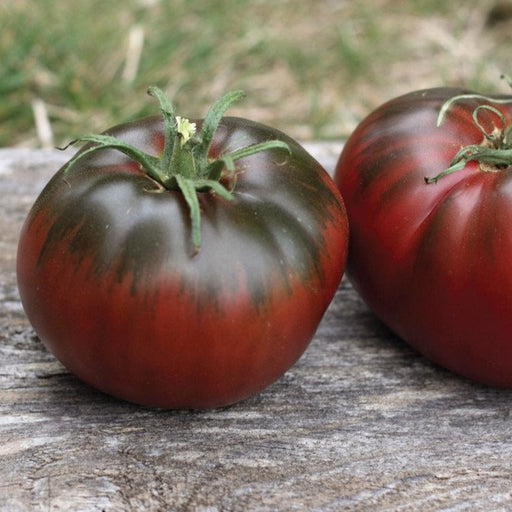Two ripe, dark red and black striped heirloom tomatoes on rustic wood.