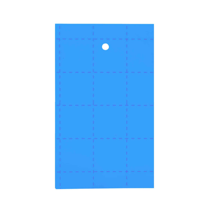 Blue perforated blank tag with grid lines and a hole. Perfect for labels, coupons, or price tags.