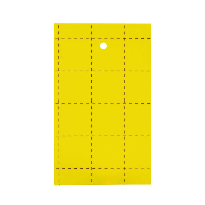 Yellow sticky insect trap with perforated grid lines and hanging hole for effective pest control in gardens and greenhouses.