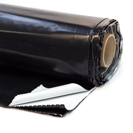 Black heavy-duty plastic sheeting roll, unrolled to show white backing. Ideal for pond liners, vapor barriers, construction.