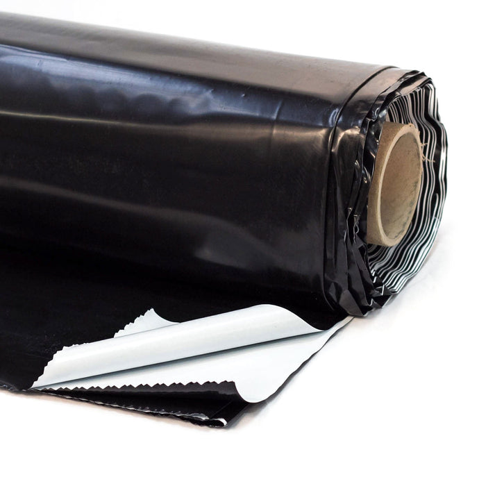 Black heavy-duty plastic sheeting roll, unrolled to show white backing. Ideal for pond liners, vapor barriers, construction.
