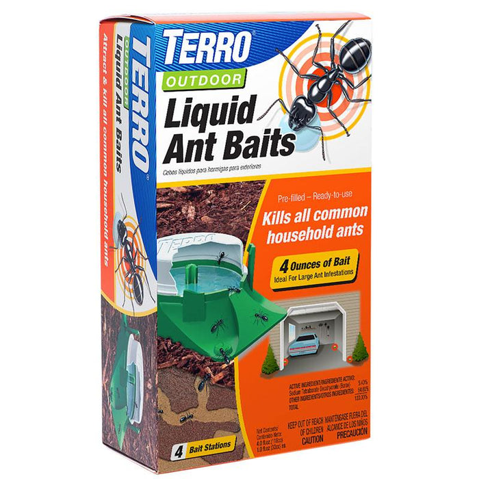 Terro Outdoor Liquid Ant Baits box. Kills common household ants. 4 pre-filled bait stations for effective outdoor pest control.